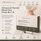 Promotional graphic for the Its Me & You Clinic Advanced Thyroid Blood Test Home Kit UK, showing the retail box, a test strip, and an instruction leaflet, alongside a stylized graphic of a human thyroid gland and feature icons.