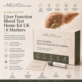 Its ME & YOU Clinic Liver Function Blood Test Home Kit UK, featuring a 6-marker blood test kit box, a sample collection tube, and an instruction card, set against a dark beige background with informational text and icons.