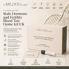 Its ME&YOU Clinic Male Hormone and Fertility Blood Test Home Kit UK, featuring a beige and white box, a test tube, and informational text on a light beige background with a DNA strand graphic.
