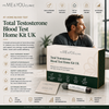 Promotional graphic for the 'Its ME & YOU Clinic' Total Testosterone Blood Test Home Kit UK. The design features a male model in a gym setting next to a dark green and white kit box, with various feature callouts and trust badges arranged around the central image.