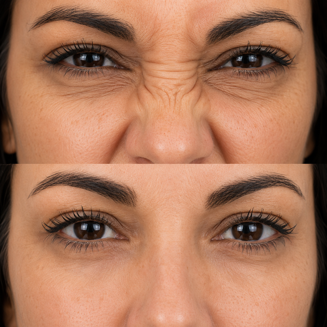 Before and after bunny lines treatment showing visibly softened nose wrinkles in a different female client.