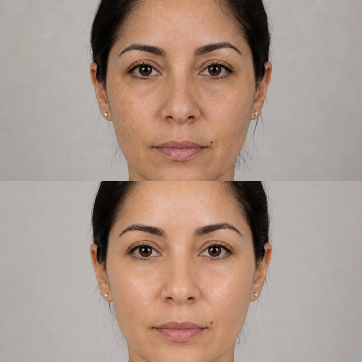 Before and after exosome skin treatment showing smoother-looking texture, improved hydration and a more even complexion in a different client.