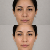Before and after exosome skin treatment showing smoother-looking texture, improved hydration and a more even complexion in a different client.