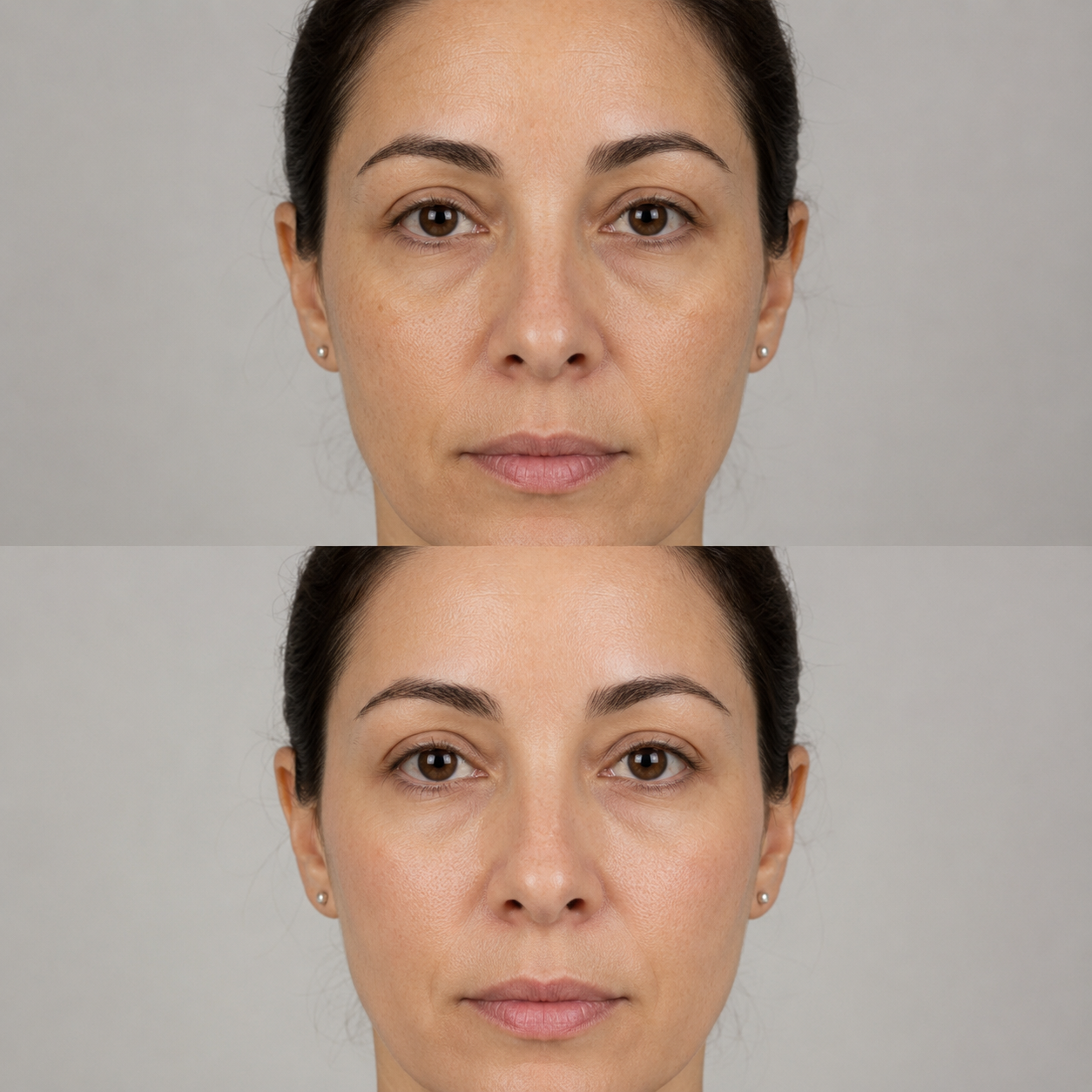 Before and after exosome skin treatment showing smoother skin texture, improved hydration and a fresher, more even-looking complexion