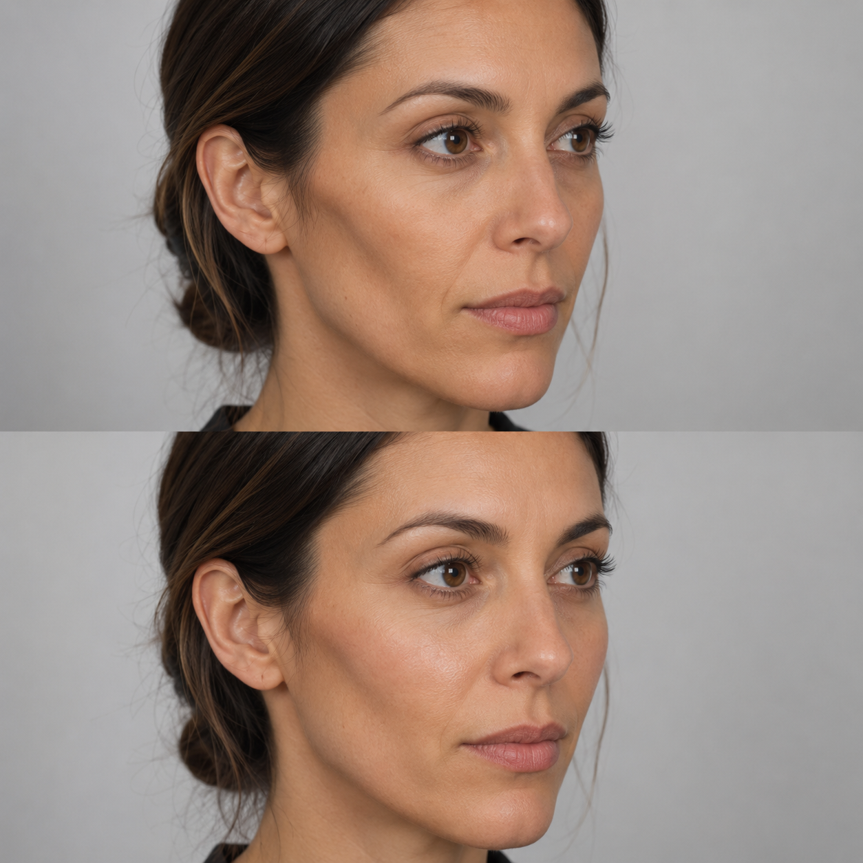 Before and after hollow cheek filler showing softened facial hollows and restored volume through the mid and outer cheek.