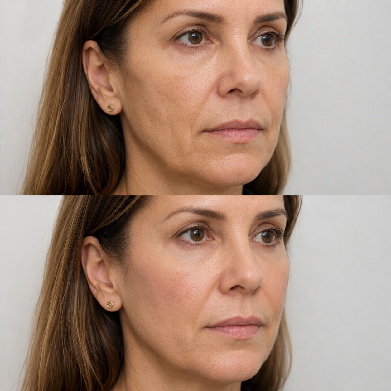 Before and after HArmonyCa treatment showing smoother facial contours, improved cheek support and a naturally refreshed appearance.