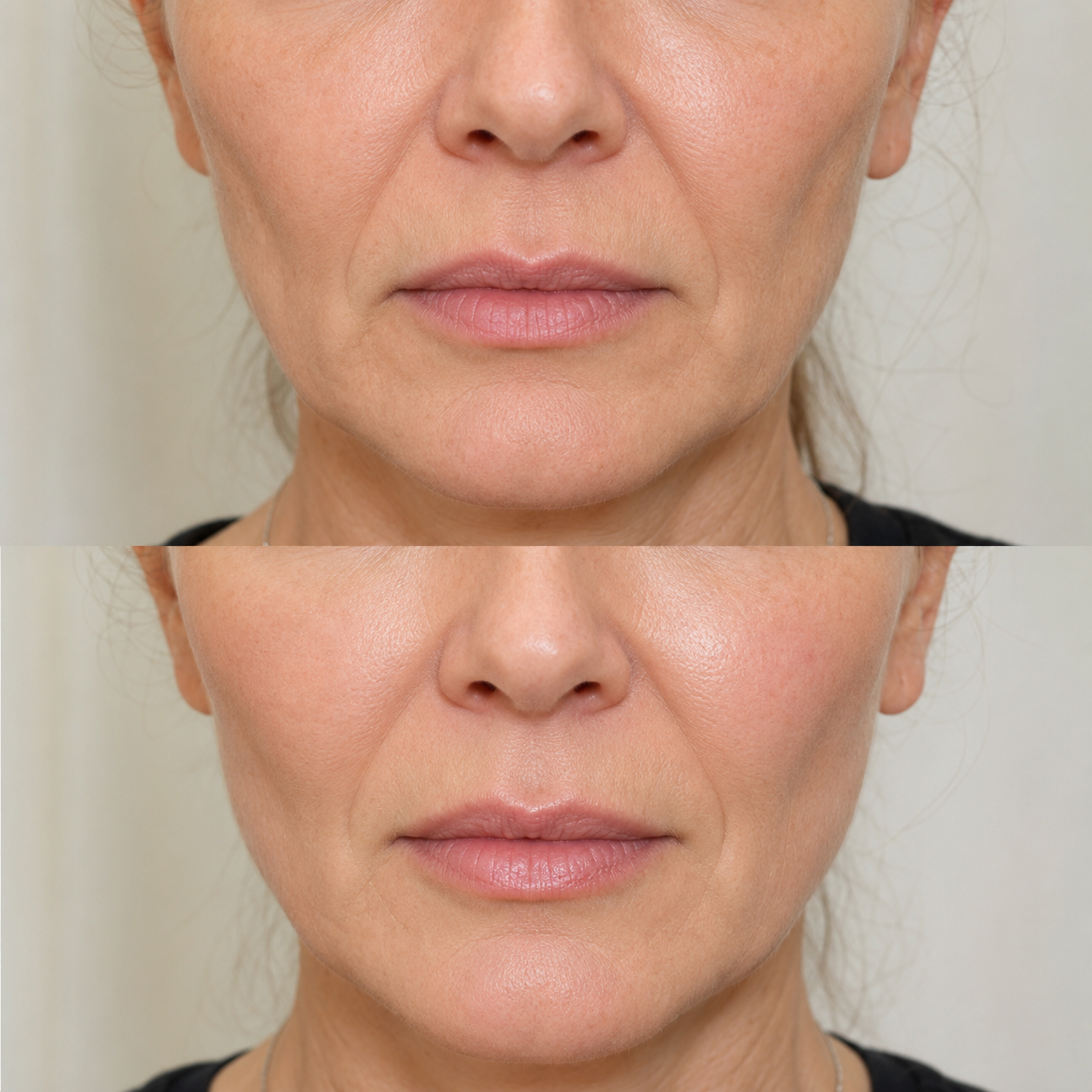 Before and after HArmonyCa treatment showing improved lower-face support, smoother contours and a naturally refreshed appearance.