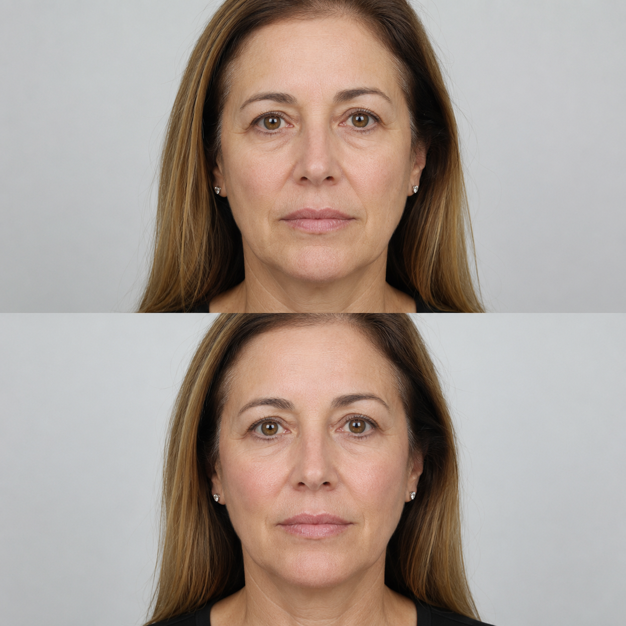 Before and after HArmonyCa treatment showing improved facial support, softer lower-face contours and a naturally refreshed appearance