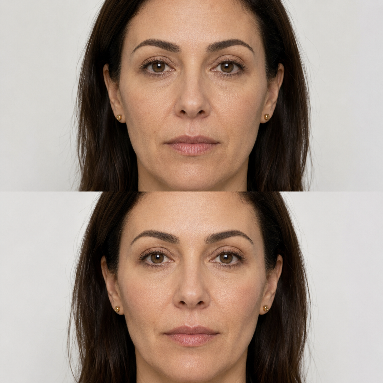 Before and after HArmonyCa treatment showing improved facial support, softer contours and a more refreshed appearance.