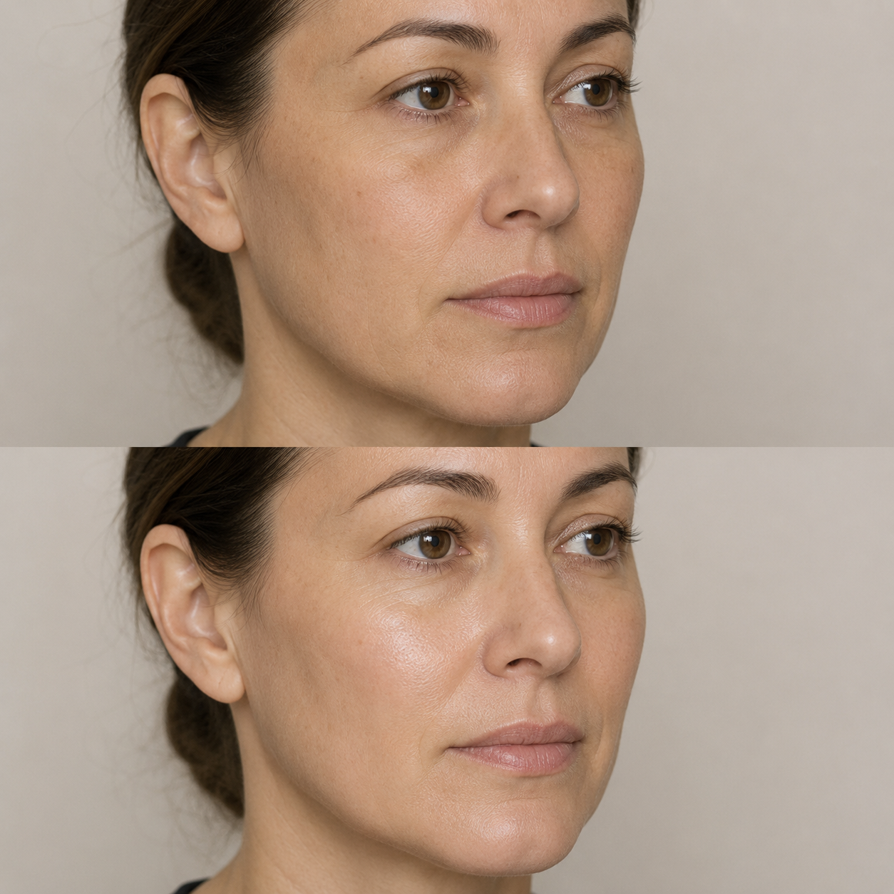 Illustrative Jalupro Super Hydro before and after comparison showing smoother texture, improved hydration and firmer-looking facial skin.