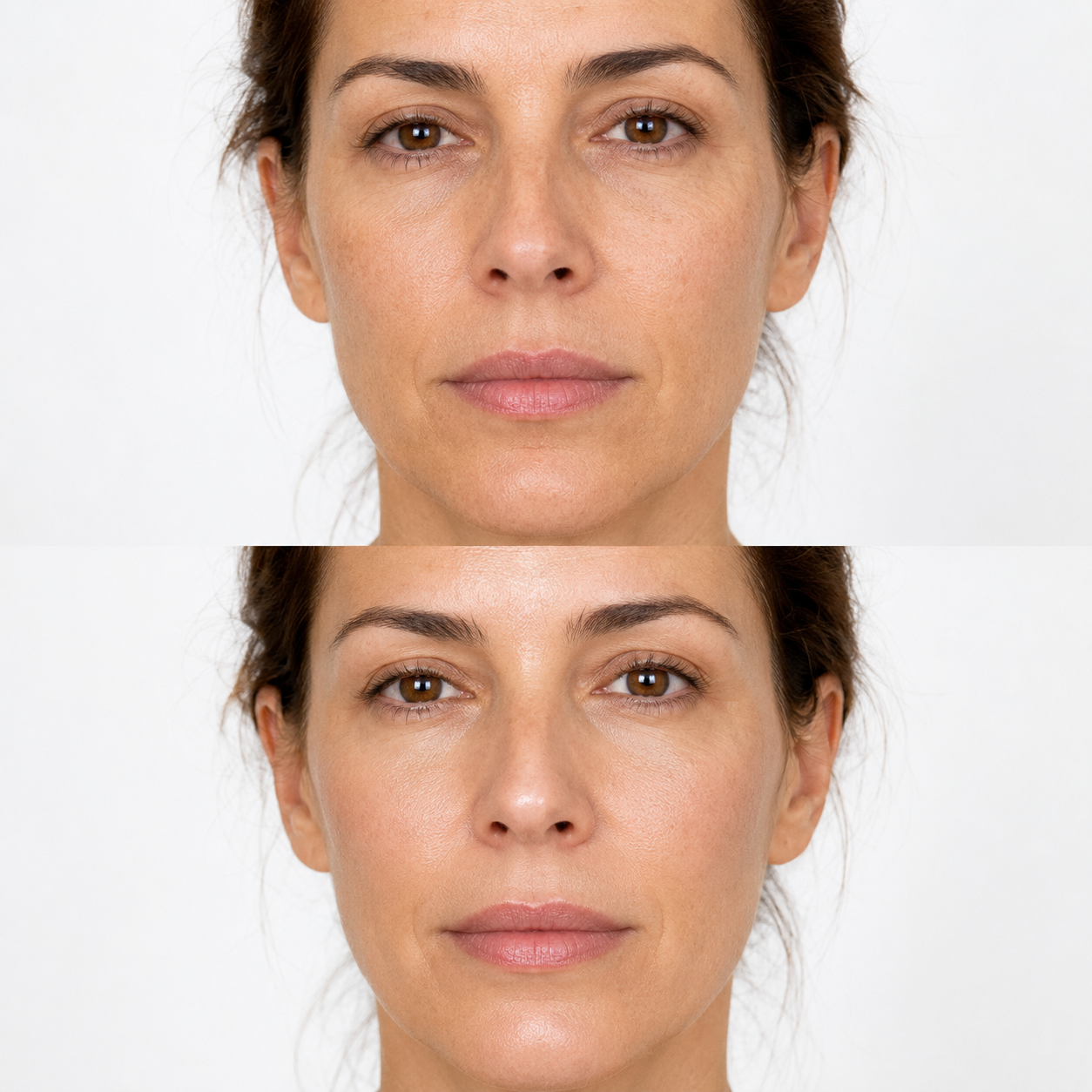 Illustrative Juvéderm Volite before and after comparison showing improved facial skin hydration, smoothness and radiance.