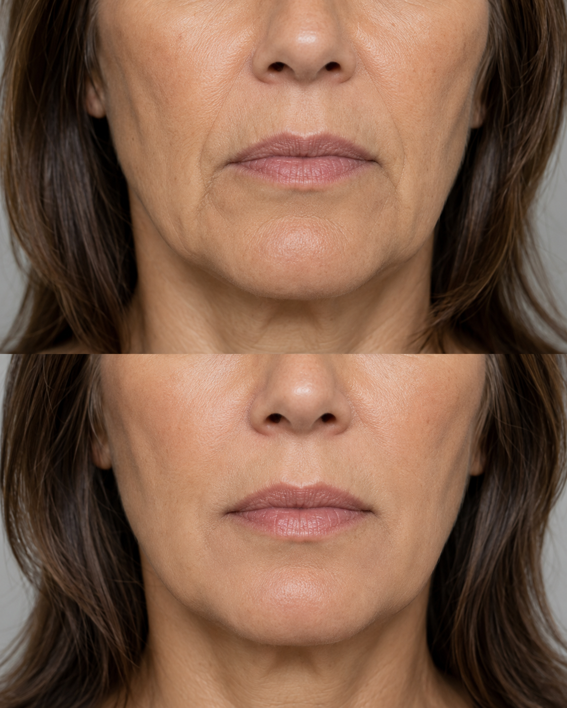 Before and after marionette line filler treatment showing a close up of the lower face with reduced marionette lines and a smoother mouth to chin area.