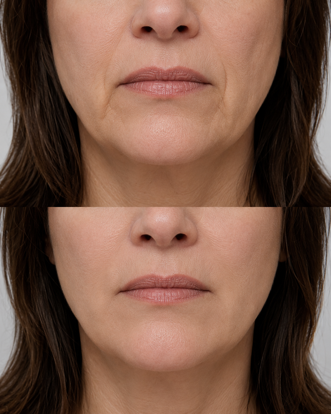 Before and after marionette line filler treatment showing a close up of the lower face with visible softening of marionette lines around the mouth and chin area.
