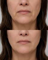 Before and after marionette line filler treatment showing a close up of the lower face with visible softening of marionette lines around the mouth and chin area.