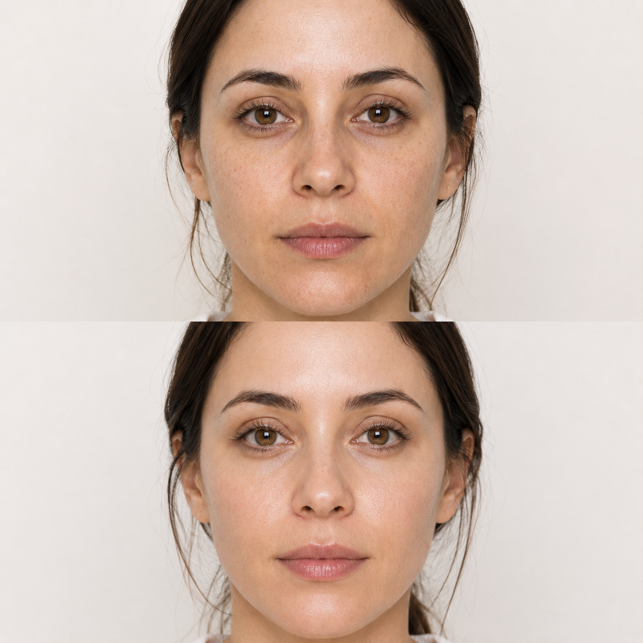 Illustrative NCTF before and after image showing smoother texture, improved hydration and a brighter, more even-looking facial complexion.