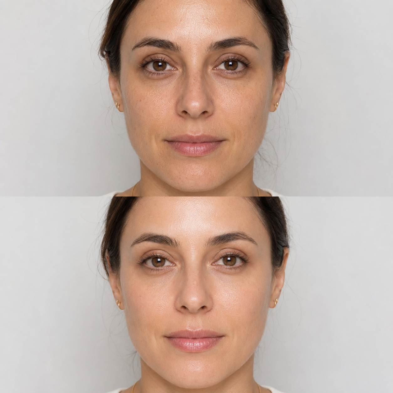 Illustrative NCTF before and after comparison showing brighter, smoother and more hydrated-looking facial skin.