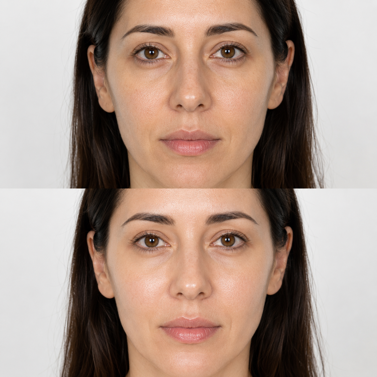 Illustrative Neauvia Hydro Deluxe before and after image showing improved facial hydration, smoother texture and a brighter-looking complexion.