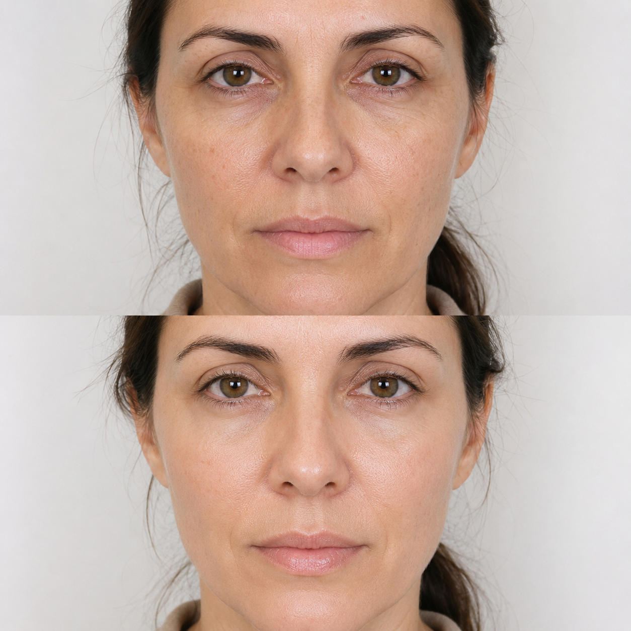 Illustrative Neauvia Hydro Deluxe before and after comparison showing smoother, more hydrated and refreshed-looking facial skin.