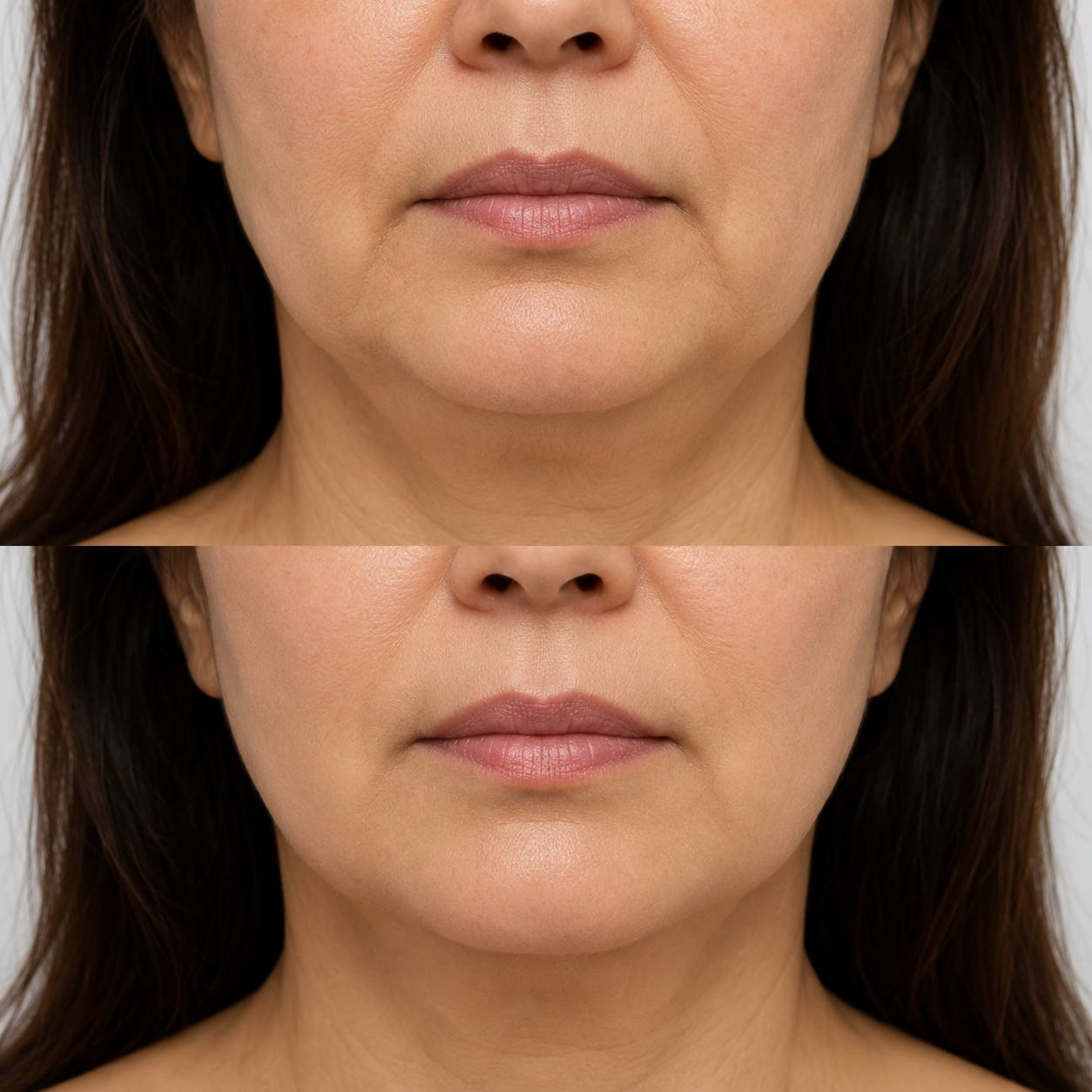 Before and after jowl treatment showing a firmer lower face contour and improved definition around the chin and jawline.