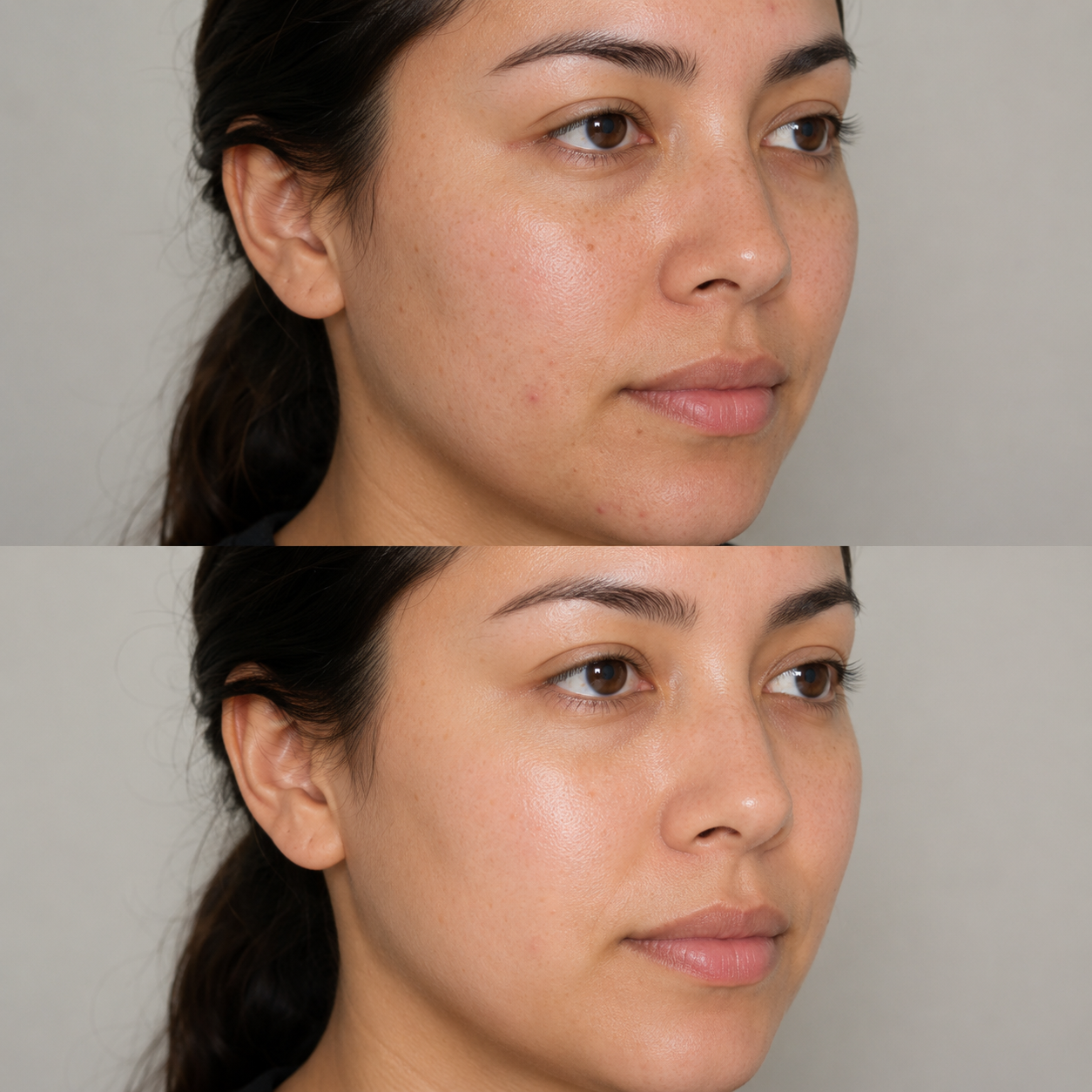 Illustrative Obagi Blue Peel Radiance before and after comparison showing fewer visible blemishes, smoother-looking texture and a clearer, brighter complexion.