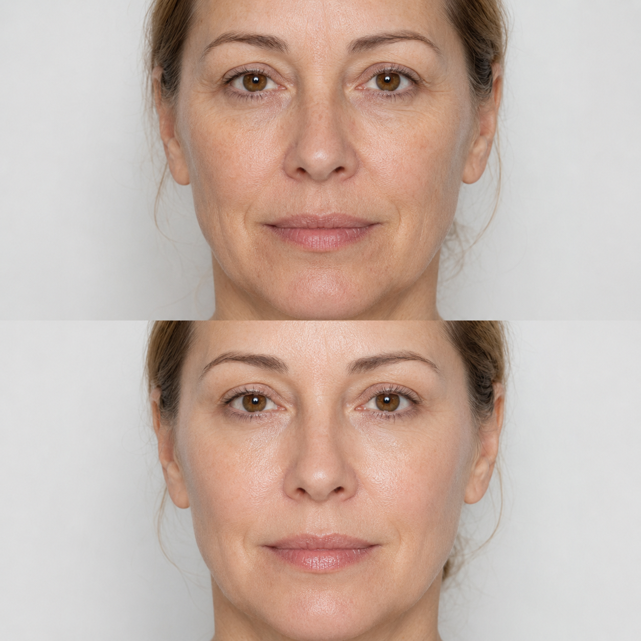 Before and after Profhilo treatment showing improved skin hydration, smoother texture and a fresher, more even-looking complexion.