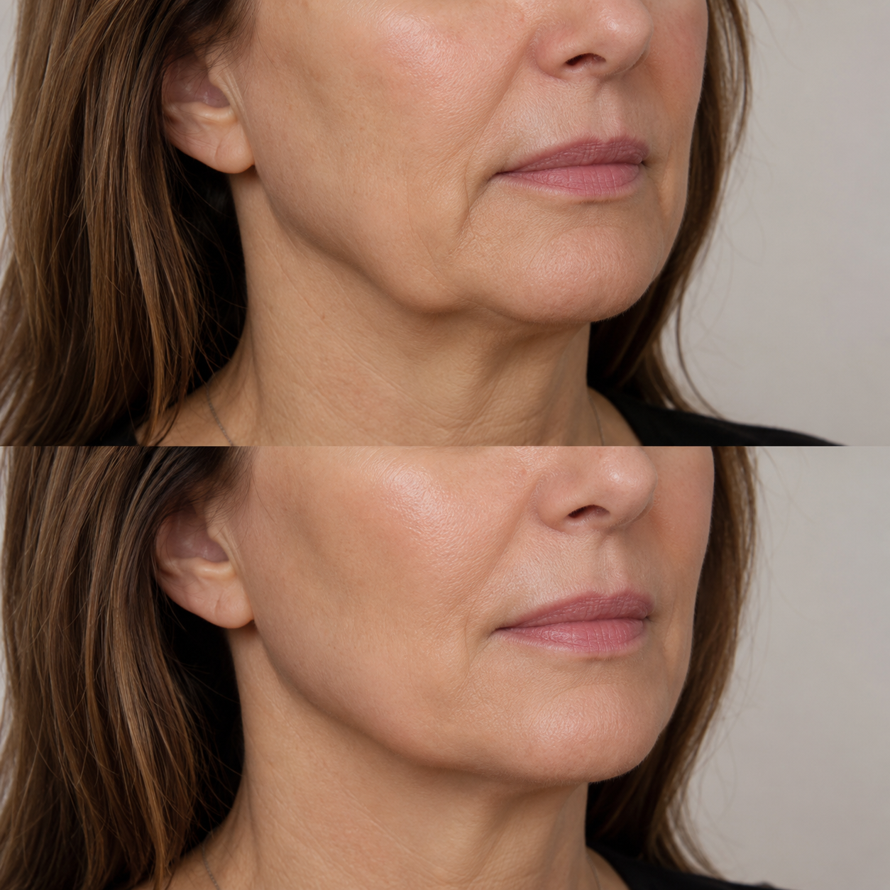 Before and after Radiesse liquid facelift showing improved jawline definition, smoother lower-face contours and a naturally refreshed appearance.