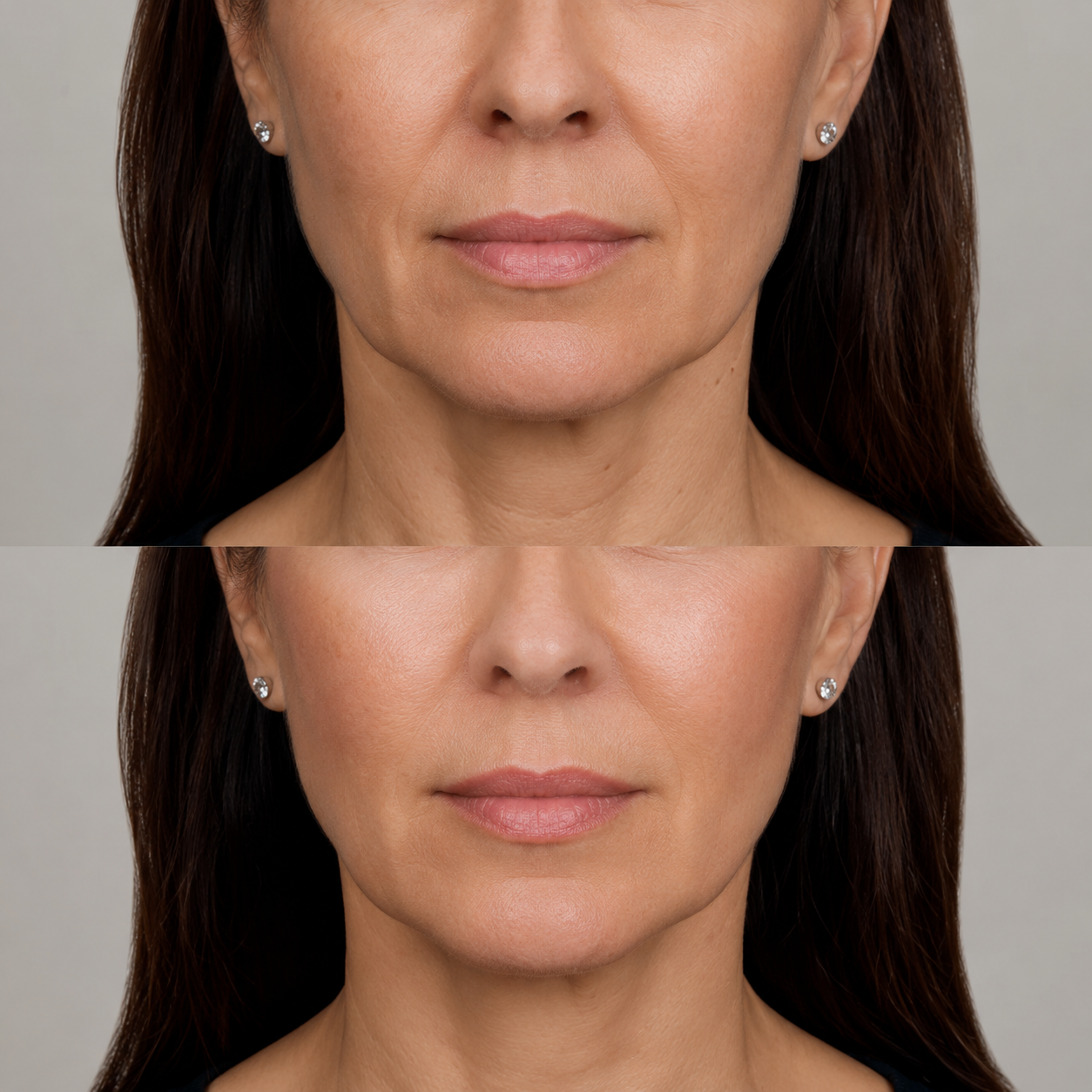 Before and after Radiesse liquid facelift treatment showing improved lower-face support, smoother jawline contours and a naturally refreshed appearance.