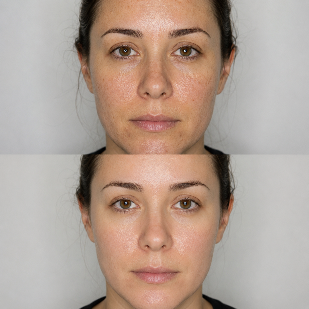 Illustrative Retinol Peel before and after comparison showing a brighter, smoother and more even-looking facial complexion.
