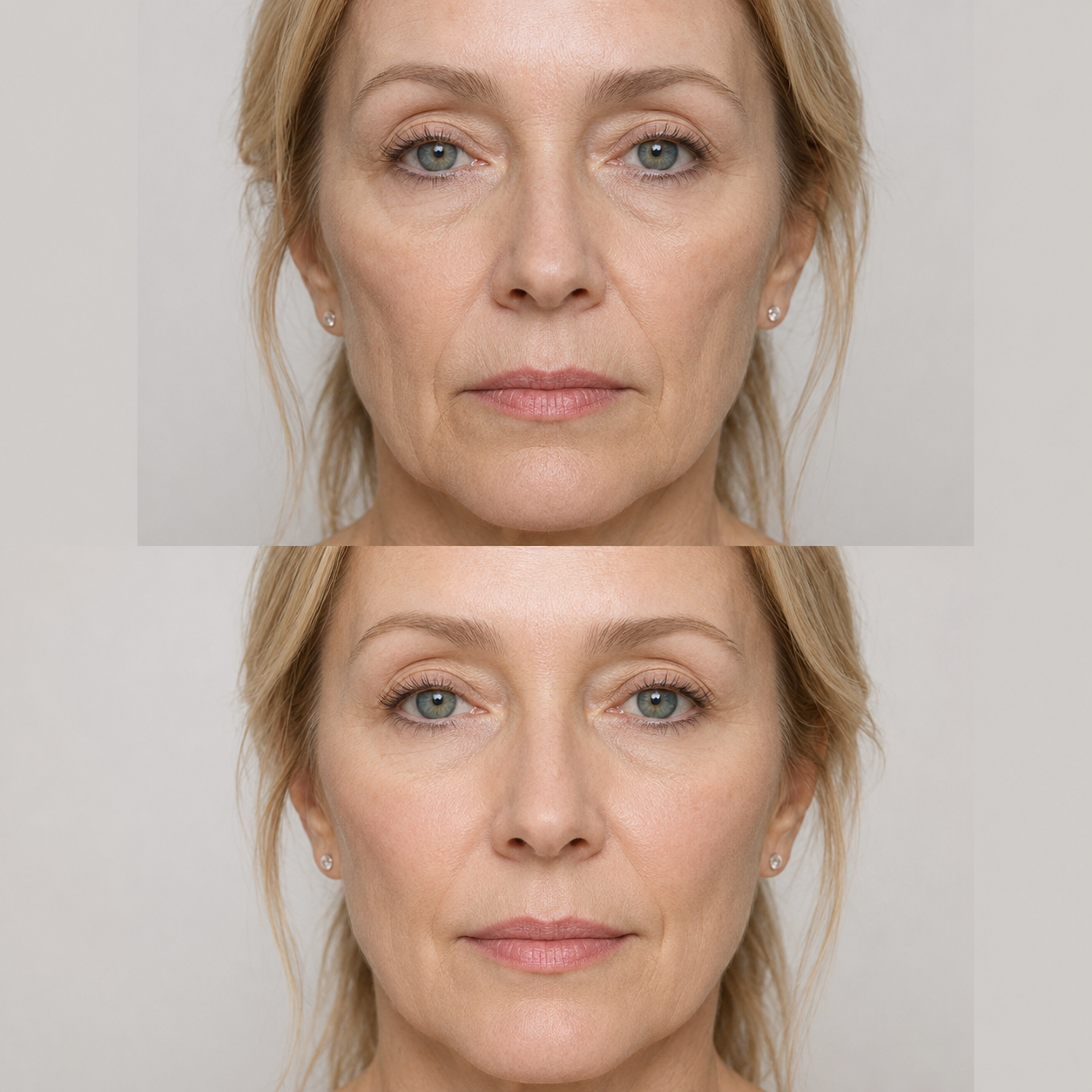 Before and after Sculptra collagen treatment showing improved cheek volume, softened facial hollowing and more balanced facial contours.