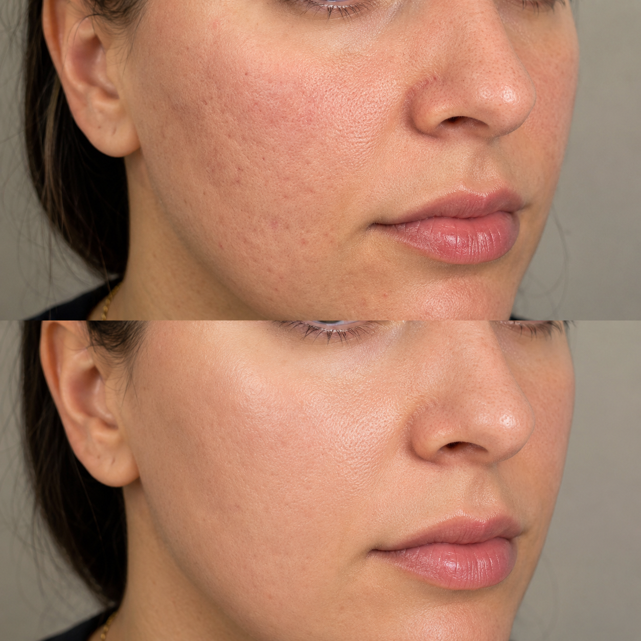 SkinPen microneedling before and after showing reduced acne scarring, redness and enlarged pores on the cheek.