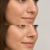 Before and after Tinkerbell nose tip lift showing a subtle elevation and natural refinement of the nasal tip in a third client.