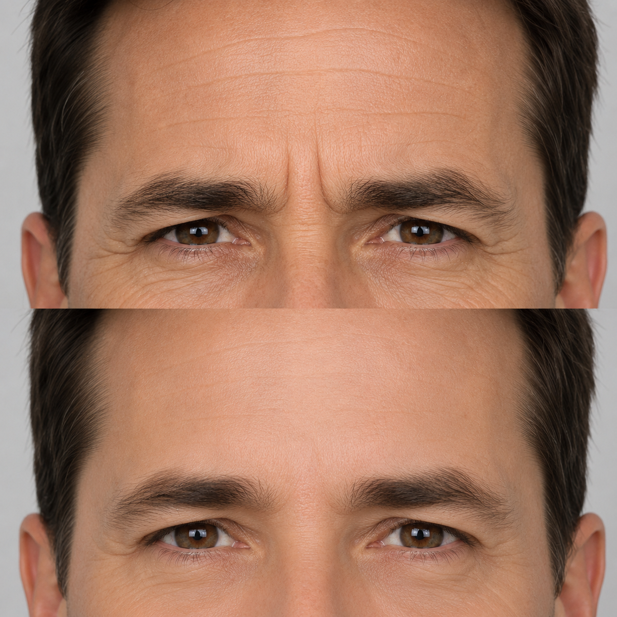 Before and after upper face wrinkle treatment showing smoother forehead skin, softened frown lines and reduced crow’s feet around the eyes.
