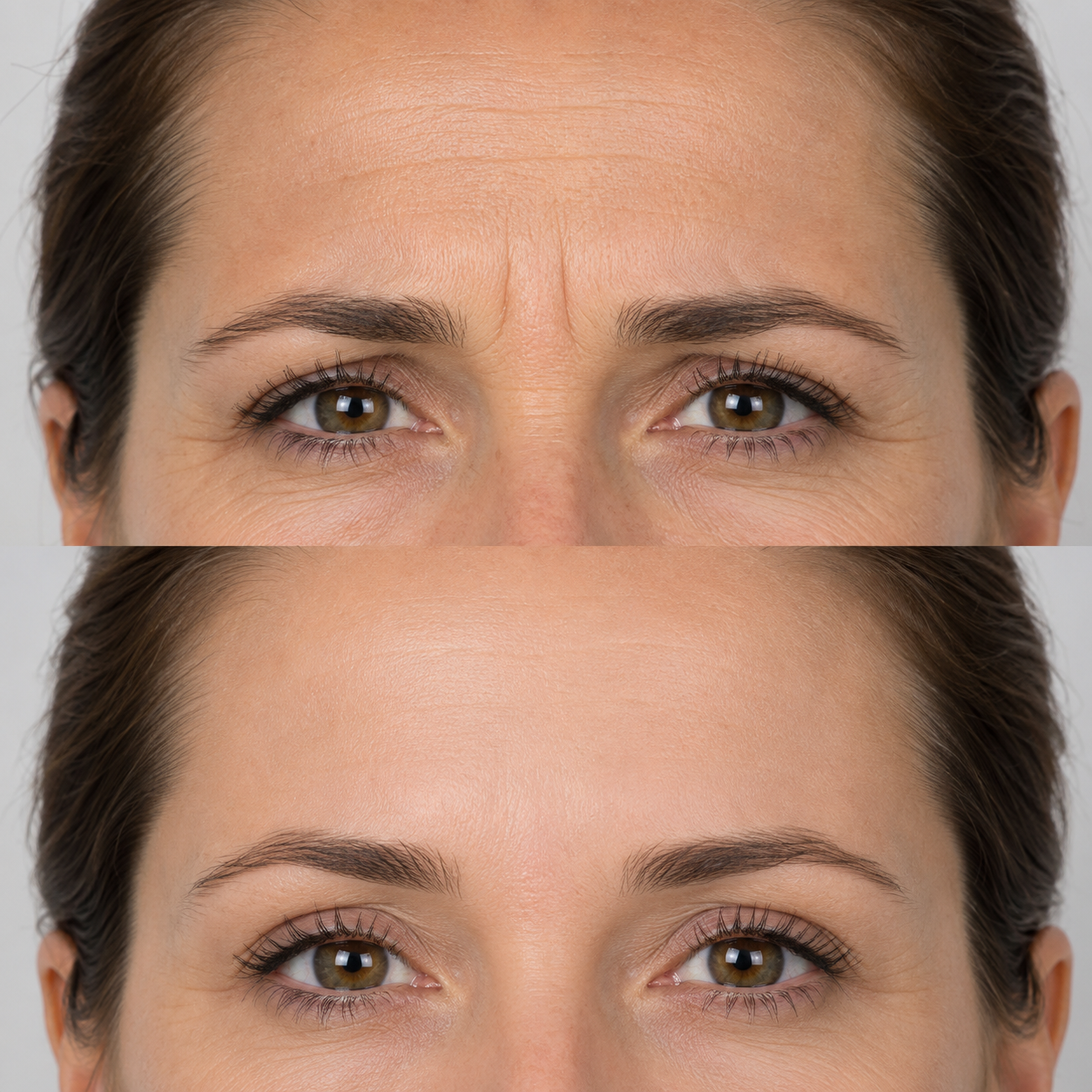 Before and after upper-face wrinkle treatment showing softened forehead lines, reduced frown lines and smoother crow’s feet.