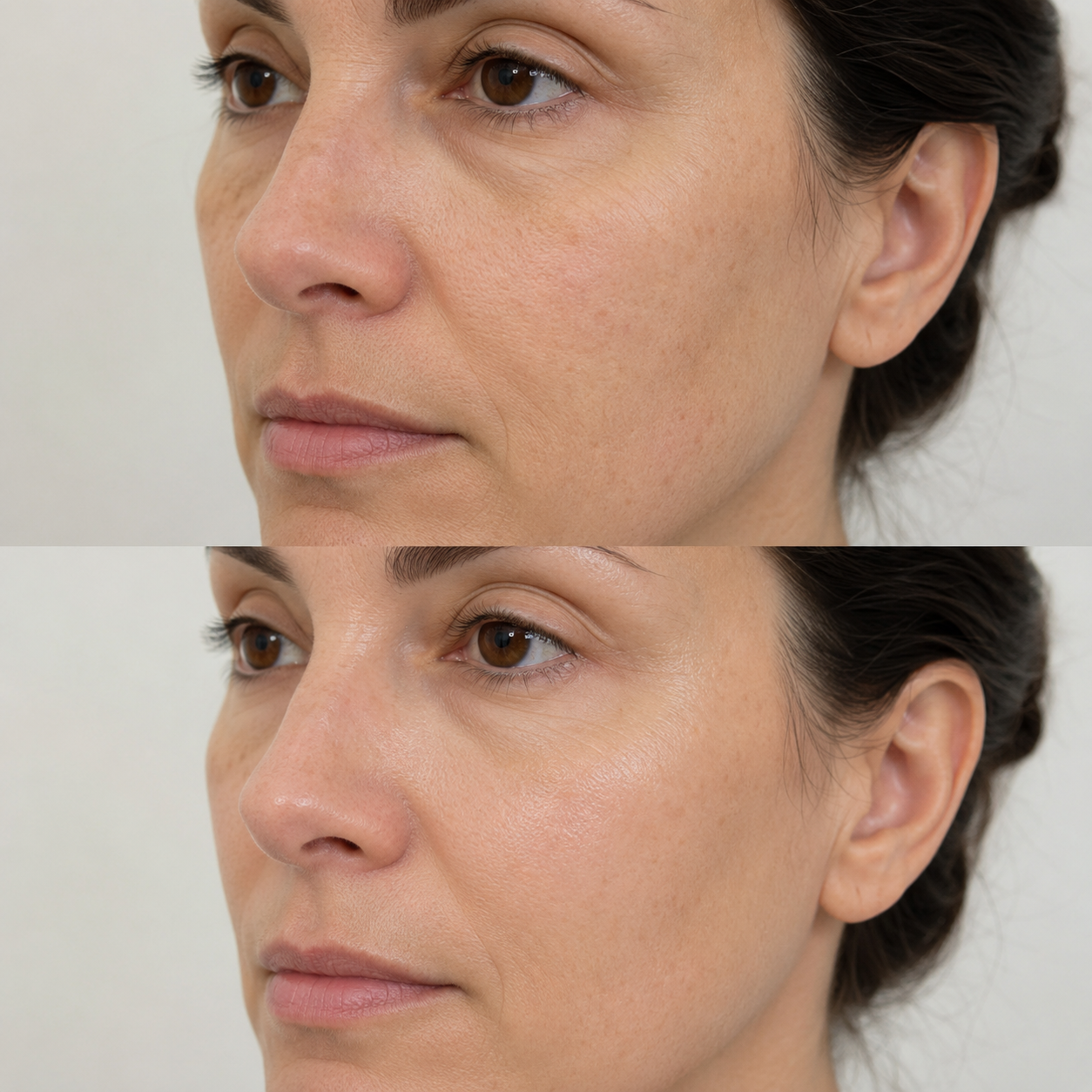 Illustrative Xela Rederm before and after comparison showing smoother texture, improved hydration and brighter-looking facial skin.