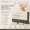 Promotional graphic for the Its Me & You Clinic Advanced Thyroid Blood Test Home Kit UK, showing the retail box, a test strip, and an instruction leaflet, alongside a stylized graphic of a human thyroid gland and feature icons.