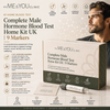 Promotional graphic for the Its Me & You Clinic Complete Male Hormone Blood Test Home Kit UK. The image features a man in a dark suit on the right, a large white product box in the foreground with a pen, and various informational icons and text on a light beige background with a subtle star pattern.