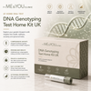 Promotional graphic for the ME & YOU CLINIC DNA Genotyping Test Home Kit UK, showing a product box, a small cylindrical sample tube, and informational text on a light beige background with a DNA double helix graphic.