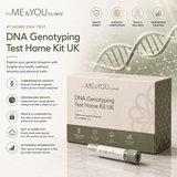 Promotional graphic for the ME & YOU CLINIC DNA Genotyping Test Home Kit UK, showing a product box, a small cylindrical sample tube, and informational text on a light beige background with a DNA double helix graphic.
