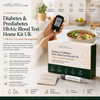 Promotional graphic for the ItsME & You Clinic At-Home Blood Test Home Kit UK, showing a person holding a black handheld blood sugar meter with a test strip, alongside the product box and a blood sample tube on a white background with informational text and icons.