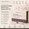 Promotional graphic for the It's Me & You Clinic Female Fertility Blood Test Home Kit UK, showing the retail box, a small glass vial with a white cap, and an instruction leaflet on a soft beige background with icons and text highlighting benefits.