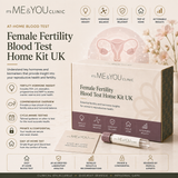 Promotional graphic for the It's Me & You Clinic Female Fertility Blood Test Home Kit UK, showing the retail box, a small glass vial with a white cap, and an instruction leaflet on a soft beige background with icons and text highlighting benefits.