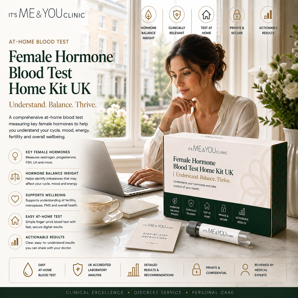 A promotional graphic for the itsME&YOU clinic Female Hormone Blood Test Home Kit UK, showing a woman in a bright room using a blood test kit on a desk next to a branded box and test tube.