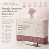 Its ME & YOU Clinic Female Hormone and Metabolic Blood Test Home Kit UK, featuring a white and dusty pink product box and a matching blood test tube displayed on a reflective surface with informational text and icons.
