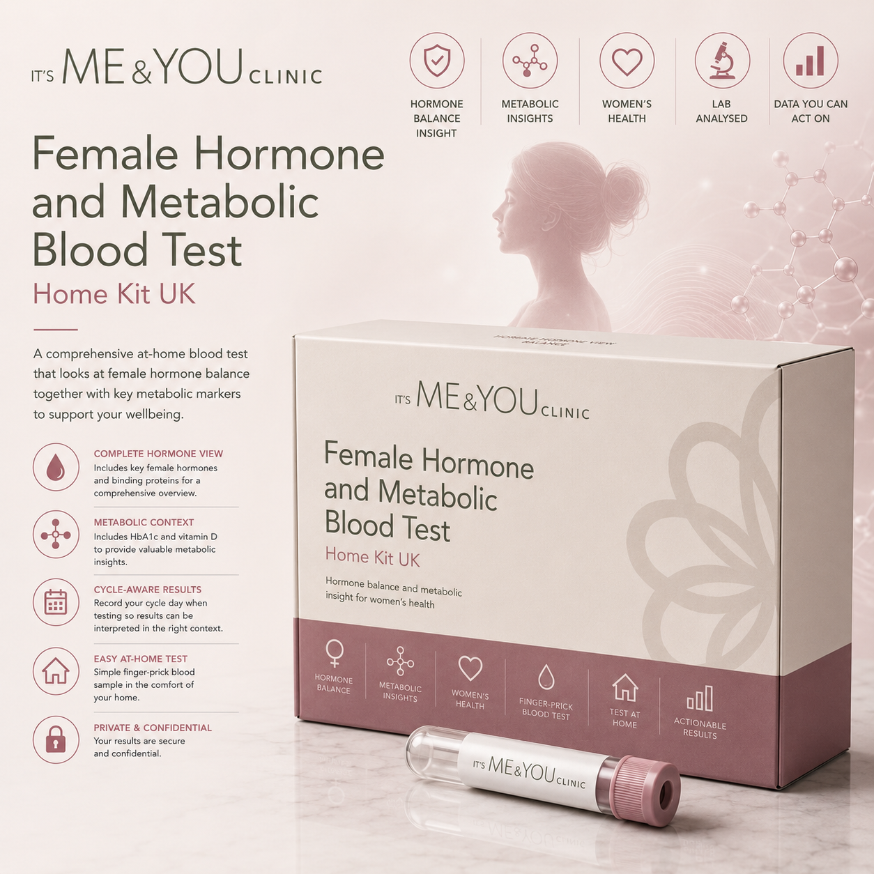 Its ME & YOU Clinic Female Hormone and Metabolic Blood Test Home Kit UK, featuring a white and dusty pink product box and a matching blood test tube displayed on a reflective surface with informational text and icons.