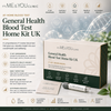 Promotional graphic for the Its ME & YOU Clinic General Health Blood Test Home Kit UK, showing the product box, a pen-style test device, and informational text on a soft green and white background with medical icons.