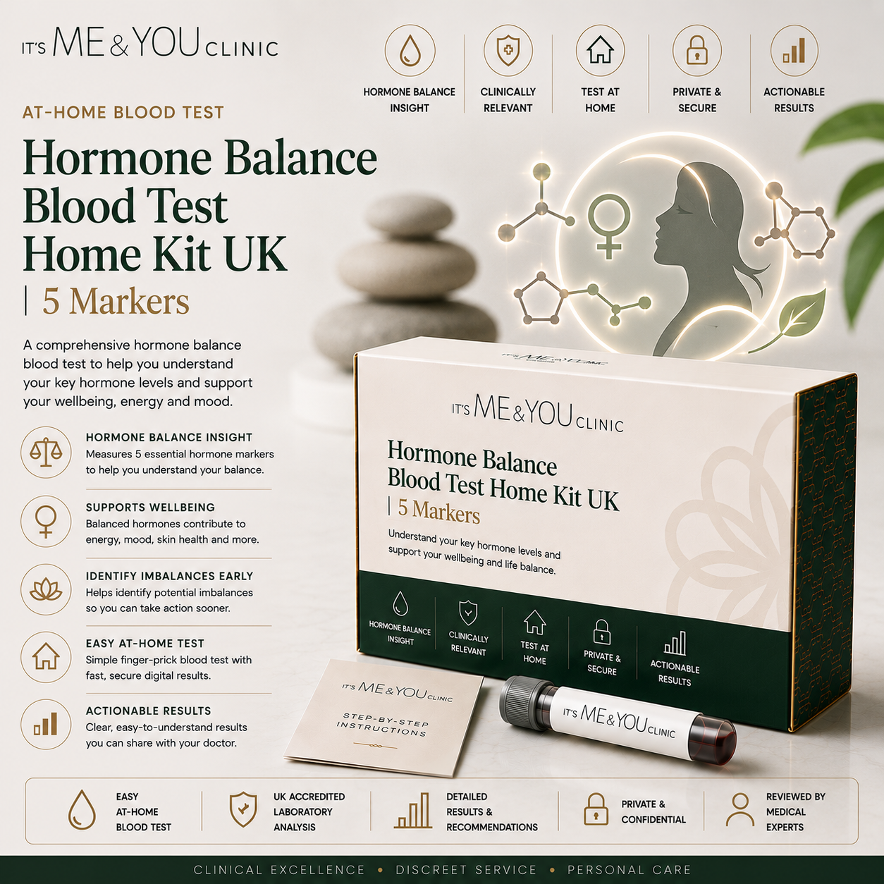 Promotional graphic for the Its ME & YOU Clinic Hormone Balance Blood Test Home Test Kit UK. The kit includes a white and dark green box, a small white card, and a black test tube with a white cap, shown against a light beige background with various health icons and text detailing the 15 markers and benefits.