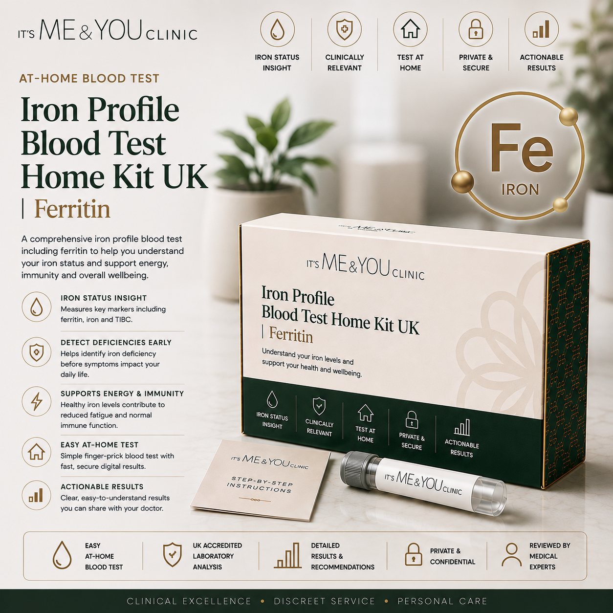 Iron Profile Blood Test Home Kit UK (Ferritin) by itsME & YOU clinic, featuring a white and gold box, a silver and white test tube, and a white single-use finger prick card, set against a dark gray background with informational text and icons.