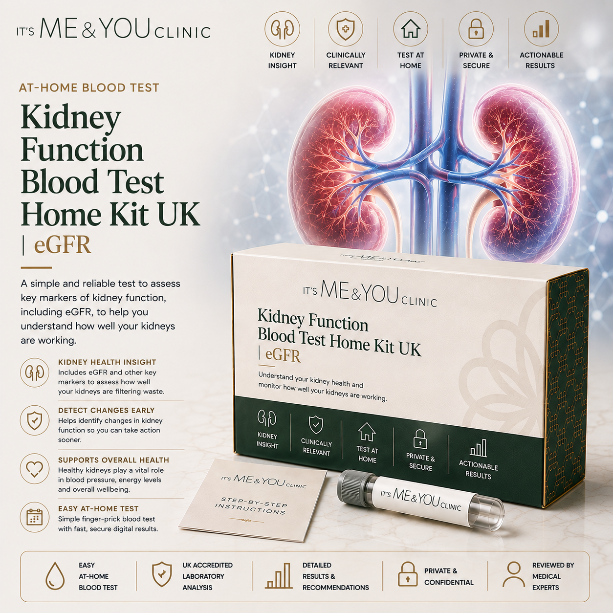Its ME & YOU Clinic Kidney Function Blood Test Home Kit UK, featuring a white and green box, a pen-style device, and a detailed graphic of human kidneys on a light background with informational icons.