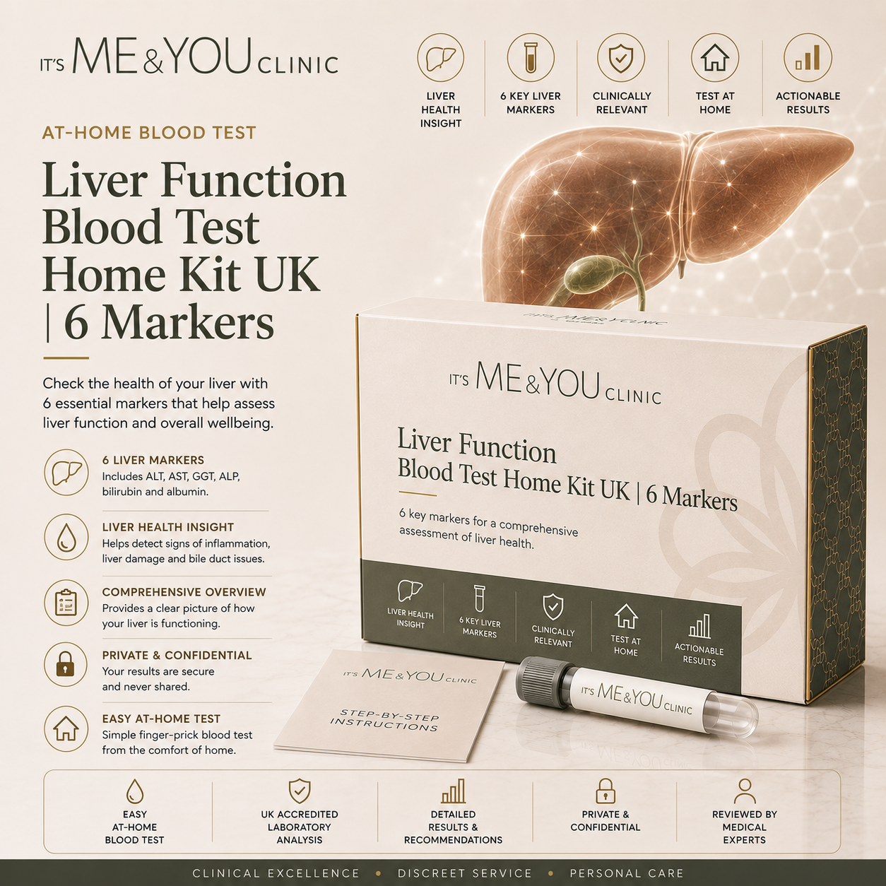 Its ME & YOU Clinic Liver Function Blood Test Home Kit UK, featuring a 6-marker blood test kit box, a sample collection tube, and an instruction card, set against a dark beige background with informational text and icons.
