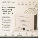 Its ME&YOU Clinic Male Hormone and Fertility Blood Test Home Kit UK, featuring a beige and white box, a test tube, and informational text on a light beige background with a DNA strand graphic.